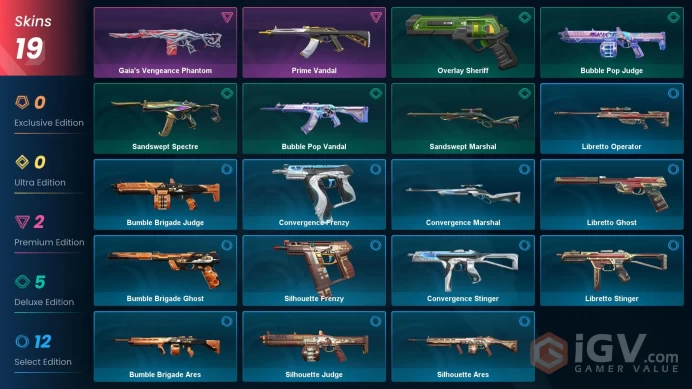 EU | 44 LVL | 8 Ag | 275 VP | 19 skins | Gaia's Vengeance Phantom | Prime Vandal | Bubble Pop, Bumble Brigade, Convergence kid |	V0062