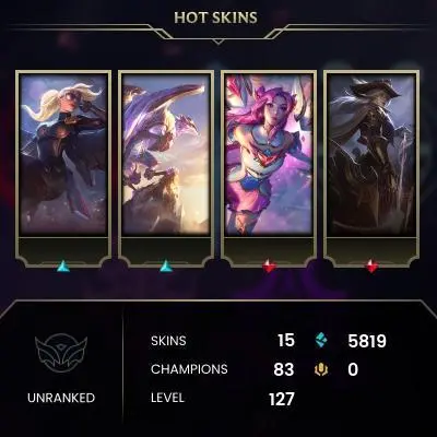 #2046 [EMAIL CHANGEABLE FULL ACCESS] - EUW - 83 CHAMPIONS - 15 SKINS - 5819 BLUE ESSENCE - 10 NORMAL GAMES NOT PLAYED - SAFE 100%