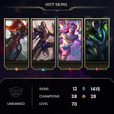 #2047 [EMAIL CHANGEABLE FULL ACCESS] - EUW - 38 CHAMPIONS - 12 SKINS - 1415 BLUE ESSENCE - 10 NORMAL GAMES NOT PLAYED - SAFE 100%