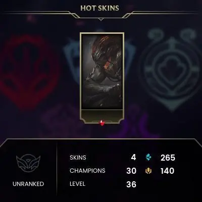 #2100 [EMAIL CHANGEABLE FULL ACCESS] - EUW - 30 CHAMPIONS - 4 SKINS - 265 BLUE ESSENCE - 10 NORMAL GAMES NOT PLAYED - SAFE 100%