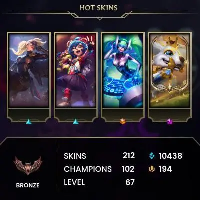 EUW -(S16) BRONZE 2 - 102 Champ - 212 Good Skins(1 Ultimate, 5 Mythic, 14 Legendary, 59 Epic) - 10.4K BE - S6 ACC - FULL ACCES - - CHEAP