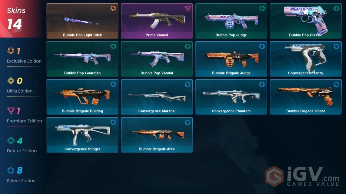 EU | 14 skins | Prime Vandal | Bubble Pop Light Stick | Bubble Pop Guardian | Bubble Pop Classic | Bubble Pop Judge | Bubble Pop Vandal | V1929