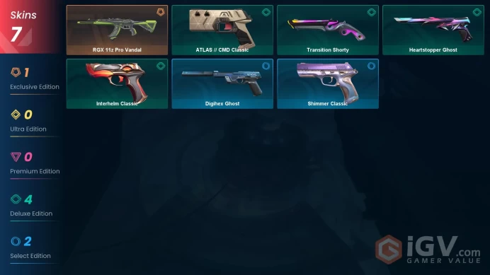 EU | 7 skins | RGX 11z Pro Vandal | Interhelm Classic | ATLAS // CMD Classic | Transition Shorty | Heartstopper Ghost | Shimmer Classic | R7465