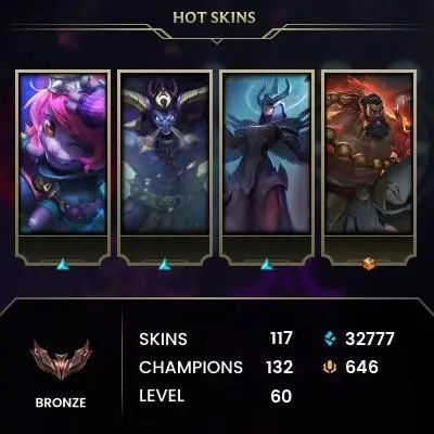 EUW -(S16) BRONZE 2(60LP) %100WR -  132 Champ - 117 Good Skins(2 Ultimate, 6 Legendary, 33 Epic) - 32.7K BE -S1 ACC - FULL ACCES - CHEAP