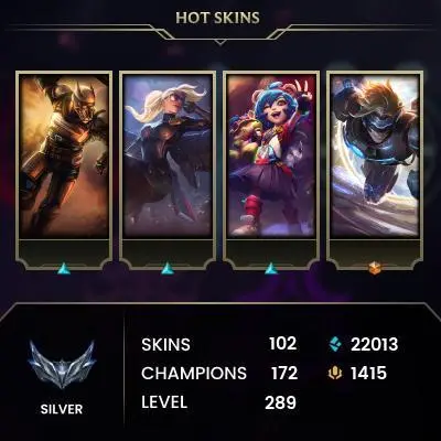 EUW / SILVER 3 / 172 Champ / 102 Good Skins / RIOT KAYLE / 22K BE / 1.415 RIOT POINTS / S3 ACC / HANDMADE / FULL ACCES /CHEAP
