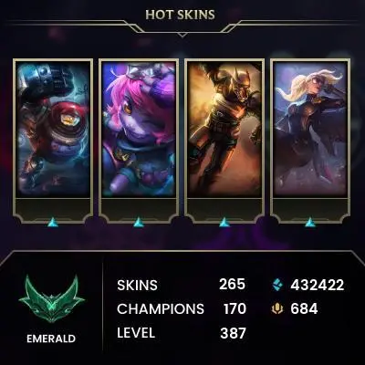 EUW -(S16) EMERALD 2 %100WR -  HIGH LP GAIN - S14 GRANDMASTER - 172 Champ - 265 Good Skins - 432K BE - S3 ACC -  387 LVL -FULL ACCES - CHEAP