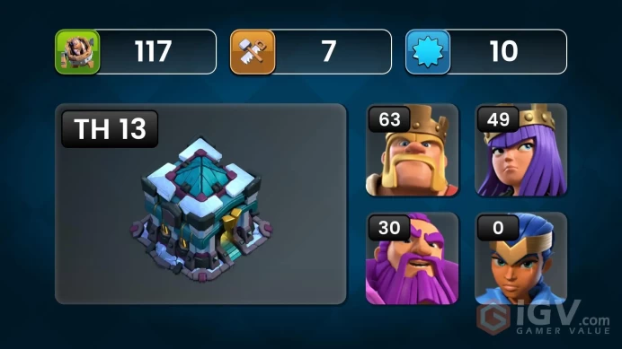 TH 13 - BH 7|Limited Skin|LV 117|HH 6|BK 63,AQ 49,GW 30,MP 39,RC 0|CN OFF|Protect OFF|TAKE MAIL(COC1859)