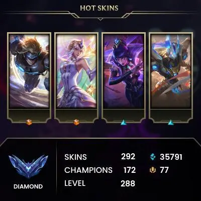 EUW -(S16) DIAMOND 4 %70WR - 172 Champ - 292 Good Skins(2 Ultimate, 4 Mythic, 28 Legendary, 158 Epic) - 35K BE - FULL ACCES - LIFETIME WARRANTY