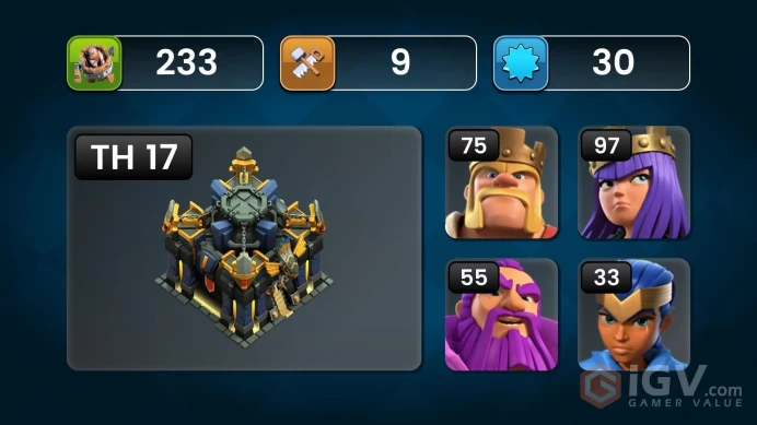 TH18 XP233 96% MAX/GIANT GAUNTLET/13K GEMS / MANY SKIN HERO