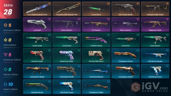 EU | 28 Skins | Full Acces | Champions 2025 Bundle | Neo Frontier Sheriff | Magepunk Vandal | Ion Sheriff | Reaver Spectre | Yoru Butterfly