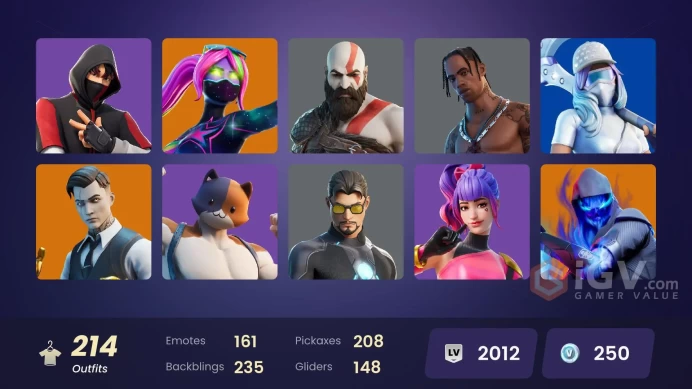 [PC/PSN/XBOX] 214 Skins | IKONIK | Travis Scott | Take The L | Leviathan Axe | Galaxia | Astro Jack | Kratos | Midas | Blue Striker | 250 VB