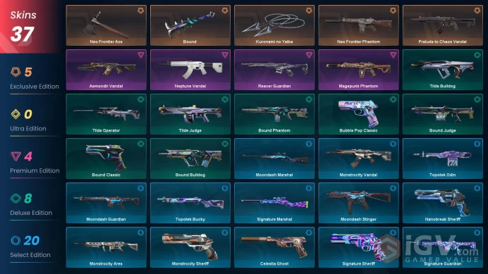 EU [ 37 TOP SKINS + 3 KNIFE ] Kuronami no Yaiba + Prelude to Chaos Vandal + Neo Frontier Phantom + Neo Frontier Axe / full acces