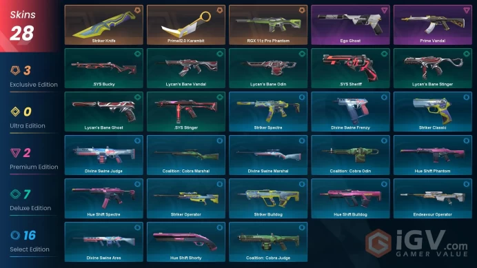 EU 28 skins / RGX 11z Pro Phantom / Striker Knife / Prime//2.0 Karambit / Prime Vandal / Ego GhostMak333