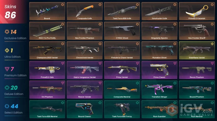 EU  86 skins / Elderflame Vandal / Xenohunter Knife / Prelude to Chaos Vandal / Composite Knife / Recon PhantomMak342