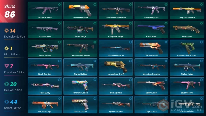 EU  86 skins / Elderflame Vandal / Xenohunter Knife / Prelude to Chaos Vandal / Composite Knife / Recon PhantomMak342