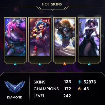 EUW / DIAMOND 3(35LP)  / 172 Champ / 133 Good Skins(1 Ultimate, 2 Mythic, 9 Legendary, 45 Epic) / 52.8K BE / FULL ACCES / HANDMADE / CHEAP  