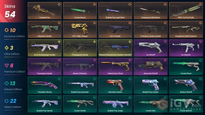 EU/TR - 18 Premium Skins-Champions 2024 Set-VCT x Classic-Radiant Entertainment System Operator-RGX 11z Pro Firefly-Celestial Fan / Full Access