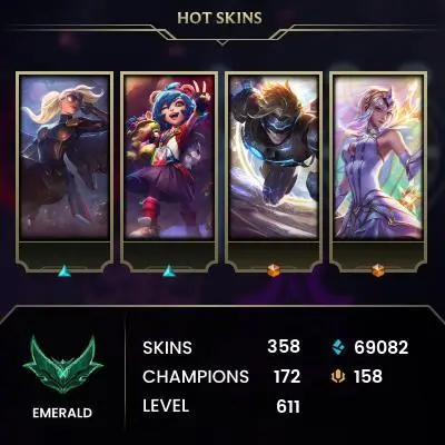 EUW | 358 SKIN | EMERALD III | 611 LVL | 69K+ BE | MAIL CHANGEABLE LEAGUE OF LEGENDS ACCOUNT