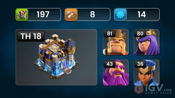 [Th18 Max Wall]||Heros:81-80-51-43-36||6 Epic Equipment 3 Epic Max||5 Skins||Lot Of Magic Iteams||Exp:197