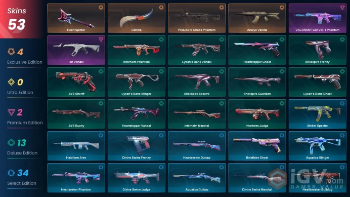 EU [ 53 TOP SKINS + 2 KNIFE ]  Heart Splitter + Prelude to Chaos Phantom + VALORANT GO! Vol. 1 Phantom + Araxys Vandal / full acces