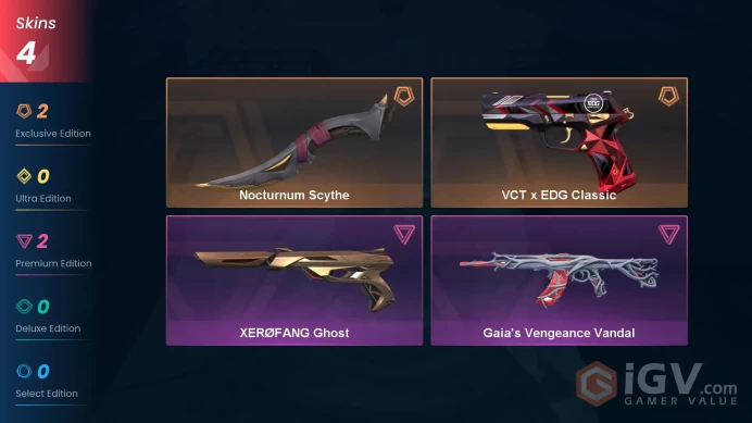 EU 4 skins 1 knifes | VCT x EDG Classic | Nocturnum Scythe | Gaia's Vengeance Vandal | XERØFANG Ghost | V0092