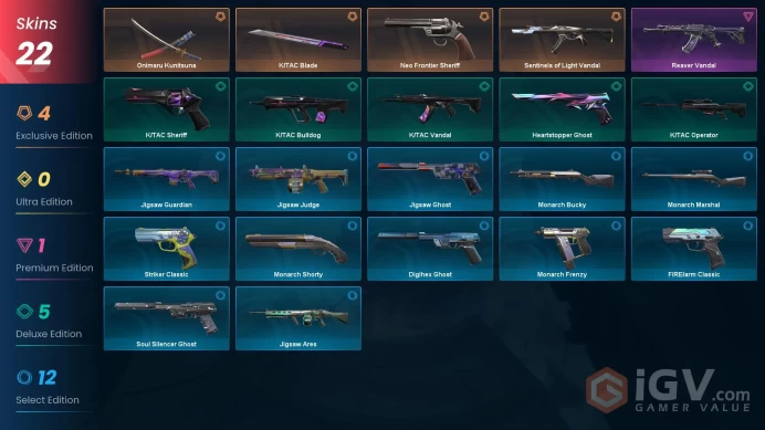 NA 22 skins 2 knifes | K/TAC Blade | Onimaru Kunitsuna | Sentinels of Light Vandal | Neo Frontier Sheriff | Reaver Vandal | V0094