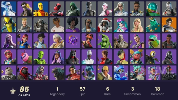 (ALL PLATFORMS) | FULL ACCESS85 SKINS | 41.100 V-BUCKS SPENT | | THE SIMPSONS (HOMER & MARGE) | SNOOP DOGG | KNIGHT CONQUEROR | DEADPOOL