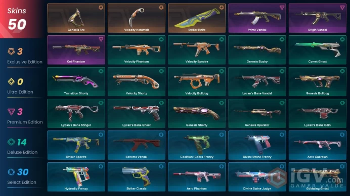 EU  50 skins / Velocity Karambit / Genesis Arc / Striker Knife / Oni Phantom / Prime VandalMam549