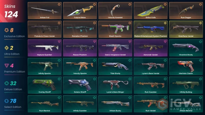EU 124 skins 5 knifes | Elderflame Vandal | Radiant Entertainment System Phantom | Striker Knife | Prelude to Chaos Vandal | Ruin Dagger | V0121