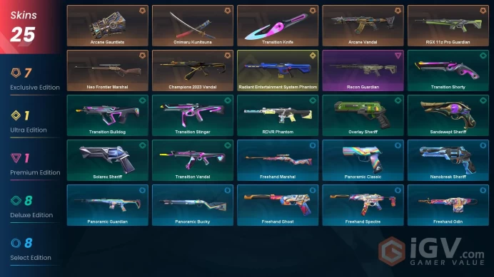 EU 25 skins 3 knifes | Champions 2023 Vandal | Arcane Gauntlets | Arcane Vandal | Radiant Entertainment System Phantom | V0139