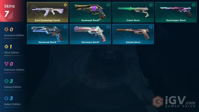 EU 7 skins | Evori Dreamwings Vandal | Comet Ghost | Heartstopper Ghost | Sandswept Sheriff | Celestia Ghost | Retrowave Sheriff | V0151