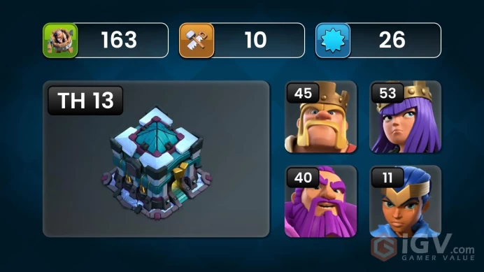 SEMI MAX TH13, WHITE WALLS, GOOD HEROES AND TROOPS LEVEL WITH EQUIPMENTS AND FREE NAME CHANGE