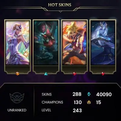 EUNE | 288 SKIN | 40K BE | 243 LVL | UNRANKED | MAIL CHANGEABLE ACCOUNT