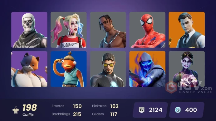 PC/PSN/Xbox/Nintendo 198 skins | Travis Scott | Lara Croft | Astro Jack | Gold Brutus | Gold Meowscles | Gold Midas | Tart Tycoon | Peter Griffi