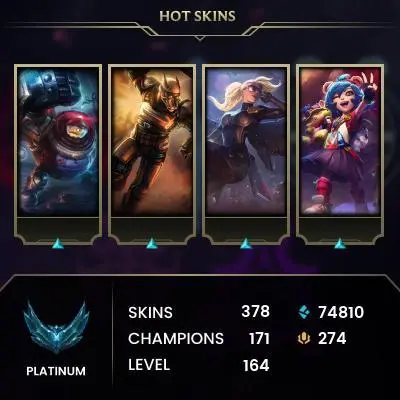 EUW -(S16) PLATIN 4 %72WR - +30 /-10LP - 172 Champ - 378 Good Skins(5 Ultimate, 3 Mythic,25 Legendary, 86 Epic) -74K BE - FULL ACCES - CHEAP