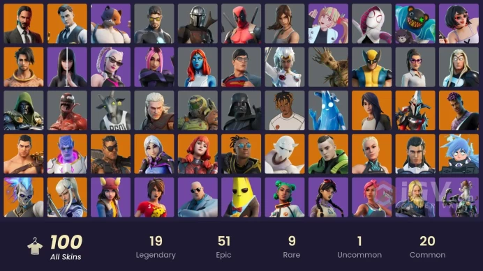 PC,PSN,XBOX 100 SKINS FA - JOHN WICK,MANDALORIAN,LARA CROFT,GROOT,GERALT,EREN,GOAT,RICK,KOR,CARNAGE,SPIDER-GWEN RK1086