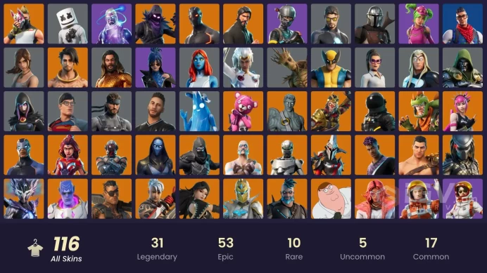 PC,PSN,XBOX 116 SKINS FA - GALAXY - IKONIK - EON - REAPER - GROOT,WOLVERINE,LARA CROFT,RICK,YELLOWJACKET RK1190