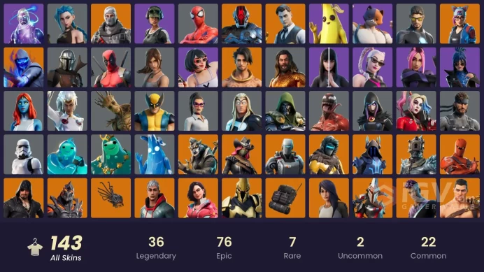 PC,PSN,XBOX 143 SKINS FA - GALAXY - ARCANE JINX,GOLD BRUTUS,LARA CROFT,CARNAGE,STORM,KOR,CHARLOTTE,JASON RK1187