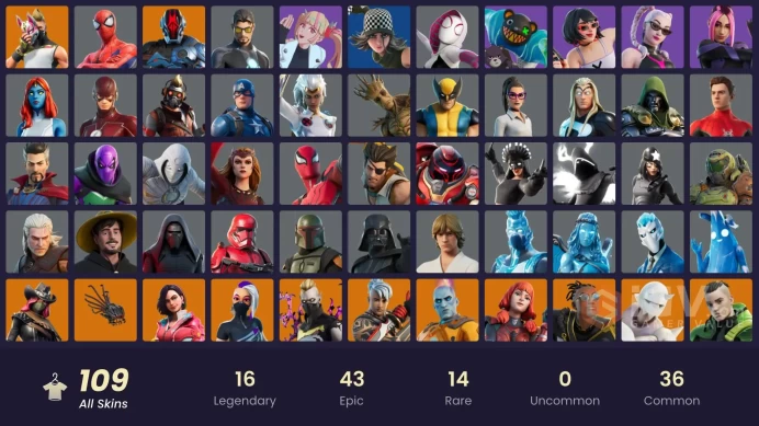 PC,PSN,XBOX 109 SKINS FA - GOHAN,STAR-LORD,SCARLET WITCH,MOON KNIGHT,WOLVERINE,GROOT,SPIDER MAN,GERALT,STORM,FLASH RK1161