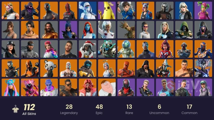 PC,PSN,XBOX 112 SKINS FA - CHUN-LI,MANDALORIAN,CRITERION,ETERNAL KNIGHT,OBLIVION,VERTEX,LARA CROFT,RICK,LOSERFRUIT,DOOM RK1173