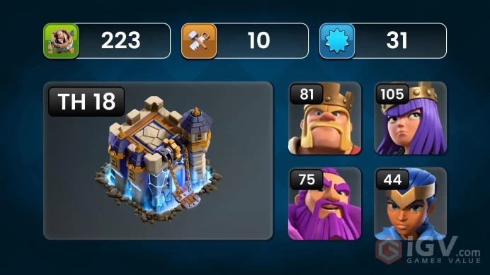 Th_18(QUEEN MAX)(5 K GEM & 230 L.M)(FULL MAX TH 17)(SAFE COC)(1 SKIN MAP)(LIFTIME WARANTY)(