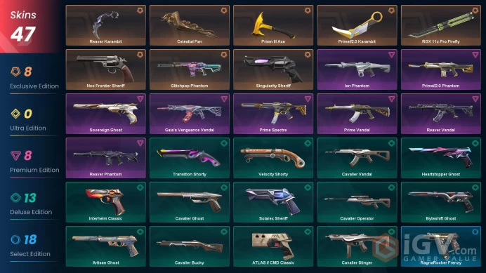 EU 47 skins 5 knifes | Prime//2.0 Karambit | Reaver Karambit | Prism III Axe | RGX 11z Pro Firefly | Celestial Fan | Glitchpop Phantom | V0188