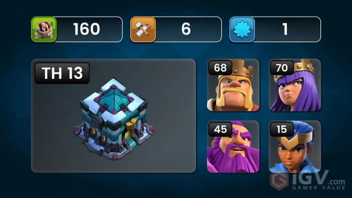 TH 13 - BH 6|Limited Skin|LV 160|HH 7|BK 68,AQ 70,GW 45,MP 35,RC 15|CN OFF|Protect OFF|TAKE MAIL(COC1946)