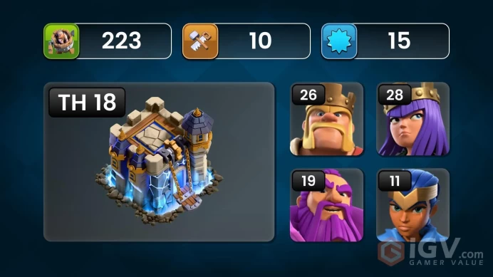 | TH 18 ACC | HEROES 26_28_41_19_11 | XP LVL 223 | NC 500 | 3 EPIC EQUIPMENTS | BH 10 | BEST FOR DONATIONS 