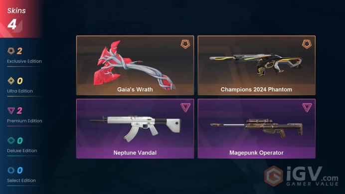 EU | 4 Skins | Gold | Level 26 | VP Value 9775 | Gaia's Wrath | Champions 2024 Phantom | Neptune Vandal | Magepunk Operator |