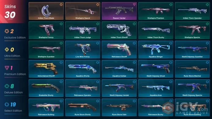 EU Full Access | 30 Skins Iridian Thorn Blade + Reaver Vandal + Shellspire Sword + Shellspire Spectre +  Starlit Odyssey Vandal + more