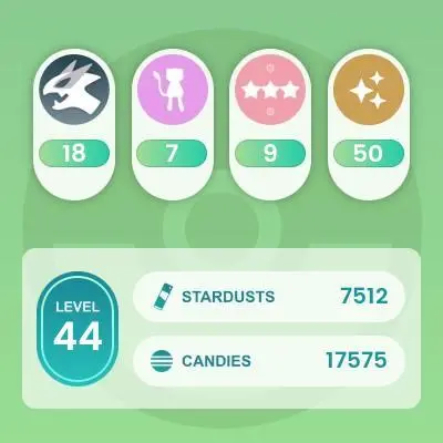#1391 Level 44, 330 Pokemon, 50 Shiny, 18 Legend, 9 IV 100, 2 Shiny Legend, 2 Shadow Legend
