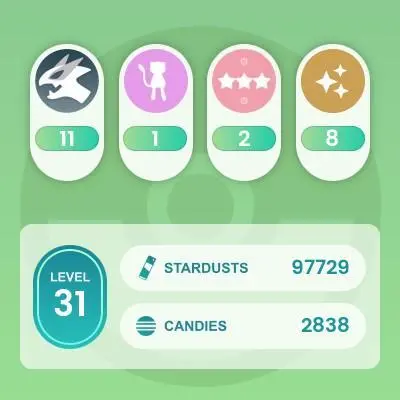 #1887 Account 2016, Level 31, 271 Pokemon, 8 Shiny, 11 Legend, 2 IV 100, 0 Shiny Legend, 2 Shadow Legend, Bag Items 700