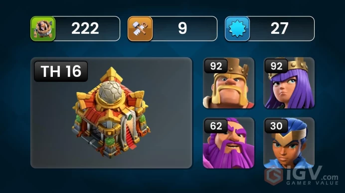 TH 16 Full Max, 8 Equipment Epic 3 Lv 27, 8 Hero Skin, Wall Max, Hero Max, Defense Max, Magic Items