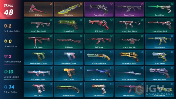 EU Full Access | 48 Skins .SYS Melee + Reaver Vandal + Reaver Sheriff + Striker Knife + Lycan's Bane Stinger + .SYS Sheriff + more